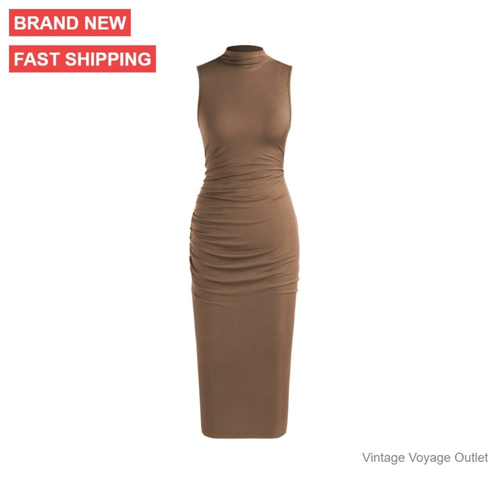 Mock High Neck Ruched Midi Dress Sleeveless Bodycon Work Cocktail